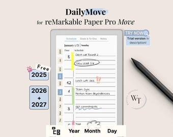 DailyMove for reMarkable Paper Pro Move, 2025-27, Daily Planner, Year Month Day, Notebook, Sunday-Monday, Left-Right, 2025, 2026, 2027