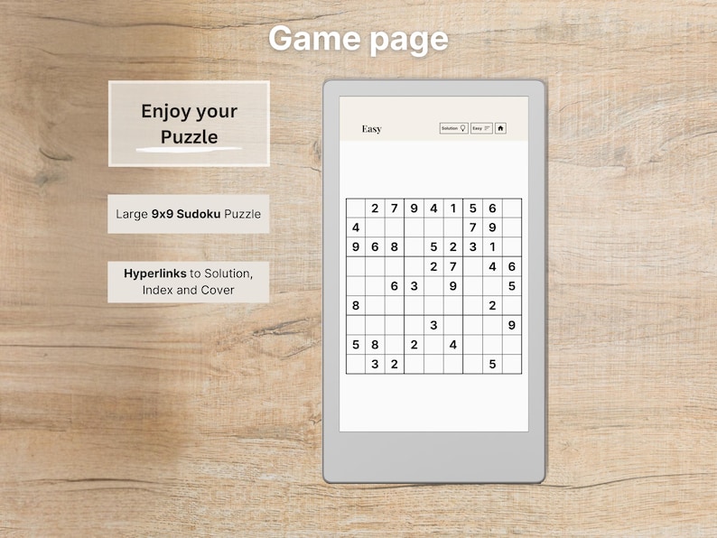 Sudoku Move for reMarkable Paper Pro Move, 600 Puzzles + Solutions on the Go, Puzzle Book, Mind Game, fully hyperlinked image 5