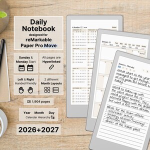 Da tägliches Notizbuch für reMarkable Paper Pro Move, 2026, 2027, datierte Tagesnotizen, 5 linierte Seiten pro Tag, mit Hyperlinks, Sonntag-Montag Start