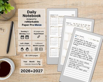 Daily Notebook for reMarkable Paper Pro Move, 2026, 2027, dated Daily Notes, 5 lined pages per day, hyperlinked, Sunday-Monday Start
