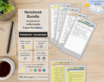 Conjunto de 6 cadernos para reMarkable Paper Pro Move, branco e tamanho ofício, 607 páginas por caderno, pautadas, pontilhadas, quadriculadas, amarelas, com hiperlinks.