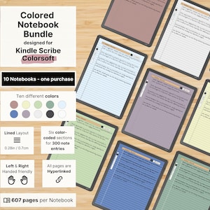 Set of 10 colored Notebooks for Kindle Scribe Colorsoft, Notebook Bundle, 607 pages per Notebook, lined with margin, hyperlinked