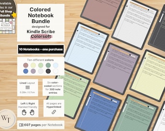 Set of 10 colored Notebooks for Kindle Scribe Colorsoft, Notebook Bundle, 607 pages per Notebook, lined with margin, hyperlinked
