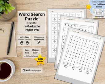 Word Search Puzzle for reMarkable Paper Pro, 200 hyperlinked Puzzles, Easy - Medium - Hard - Expert Level and Solutions, Game, Mindgames