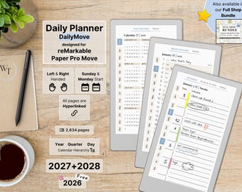 Daily Planner for reMarkable Paper Pro Move, 2026, 2027, 2028, DailyMove, Year Month Day, Notebook, Sunday-Monday, Left-Right