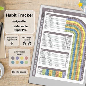 Habit Tracker per reMarkable Paper Pro, abitudini giornaliere, settimanali, mensili, panoramiche di 12 mesi, codificate a colori, con collegamenti ipertestuali, per mancini e destrimani