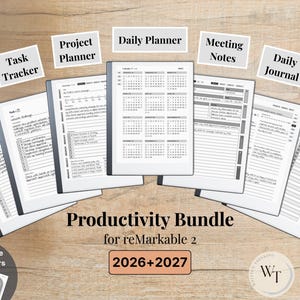 May include: A digital productivity bundle for reMarkable 2 tablets, featuring templates for a To-Do List, Task Tracker, Project Planner, Daily Planner, Meeting Notes, Daily Journal, and 4x Notebooks, plus 2 free habit trackers for 2026 and 2027.