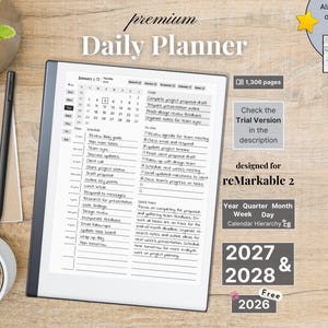 reMarkable 2 用プレミアムデイリープランナー、2026年、2027年、2028年、カレンダーとノート、年間、四半期、月、週、日、日曜日-月曜日、左-右