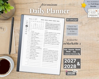Premium Daily Planner for reMarkable 2, 2026, 2027, 2028, calendar and notebook, Full Year Quarter Month Week Day, Sunday-Monday, Left-Right
