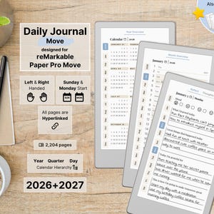 Tagebuch für reMarkable Paper Pro Move, 2026, 2027, Tagebuch, Dankbarkeit, Reflexion, Achtsamkeit, Sonntag-Montag Start, Links-Rechts