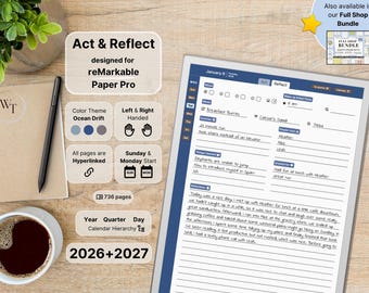 Act & Reflect for reMarkable Paper Pro, 2026, 2027, Blue, Daily Planner and Reflection, Notebook, Sunday-Monday, Left-Right, Hyperlinked