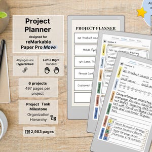 Könnte beinhalten: Ein digitaler Projektplaner für reMarkable Paper Pro Move Tablets mit verlinkten Seiten, 6 Projekten, 497 Seiten pro Projekt und einer Hierarchie zur Organisation von Projektmeilensteinen. Das Display zeigt eine handschriftliche Projektübersicht.