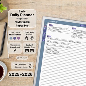 Planner giornaliero di base per reMarkable Paper Pro, 2025, 2026, viola, calendario giornaliero e taccuino, con collegamenti ipertestuali, inizio domenica-lunedì, mano sinistra-destra