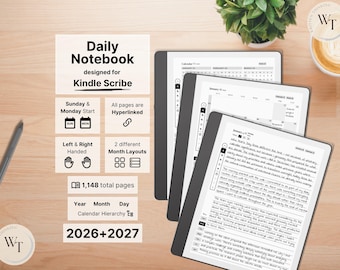 Daily Notebook for Kindle Scribe, 2026, 2027, dated Daily Notes, daily 3 lined notes pages, hyperlinked, Sunday-Monday, Left-Right