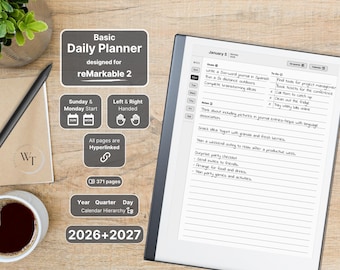 Planificador diario básico para reMarkable 2, 2026, 2027, calendario diario y cuaderno, con hipervínculos, inicio de domingo a lunes, para zurdos y diestros.