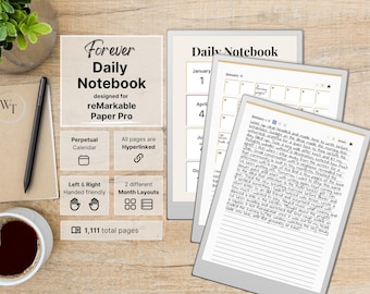 Daily Notebook for reMarkable Paper Pro, perpetual calendar and daily notes, 3 lined pages per day, hyperlinked, multicolor, undated