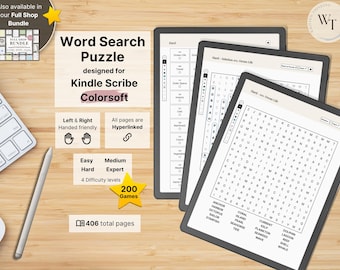 Word Search Puzzle for Kindle Scribe Colorsoft, 200 hyperlinked Puzzles, Easy - Medium - Hard - Expert Level and Solutions, Game, Mindgames