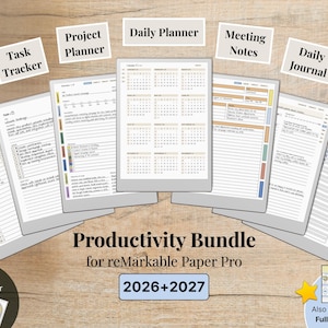 Templates for reMarkable Paper Pro, 2026, 2027, Daily Planner, Journal, Meeting, Project, Notebook, To-Do, Task Tracker, Productivity Bundle