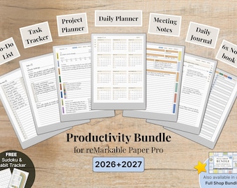 Templates for reMarkable Paper Pro, 2026, 2027, Daily Planner, Journal, Meeting, Project, Notebook, To-Do, Task Tracker, Productivity Bundle