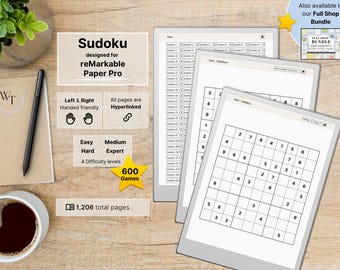 Sudoku for reMarkable Paper Pro, 600 hyperlinked Puzzles, Easy - Medium - Hard - Expert Level and Solutions, Bundle, Mindgames