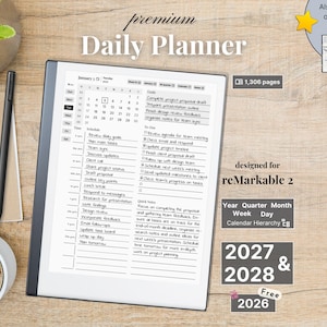 Agenda diaria premium para reMarkable 2, 2026, 2027, 2028, calendario y cuaderno, año completo, trimestre, mes, semana, día, domingo-lunes, izquierda-derecha