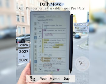 Daily Planner for reMarkable Paper Pro Move, 2026, 2027, 2028, DailyMove, Year Month Day, Notebook, Sunday-Monday, Left-Right