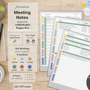 Meeting Notes for reMarkable Paper Pro, 180 Meetings, Hyperlinked, Left-Right Handed, Business, Meeting Notebook, Meeting Planner,Bonus Gift