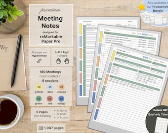 Meeting Notes for reMarkable Paper Pro, 180 Meetings, Hyperlinked, Left-Right Handed, Business, Meeting Notebook, Meeting Planner,Bonus Gift