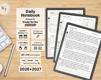 Daily Notebook for Kindle Scribe Colorsoft, 2026, 2027, dated Daily Notes, daily 3 lined notes pages, hyperlinked, Sunday-Monday, Left-Right
