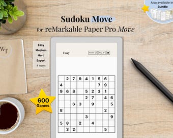 Sudoku Move for reMarkable Paper Pro Move, 600 Puzzles + Solutions on the Go, Puzzle Book, Mind Game, fully hyperlinked