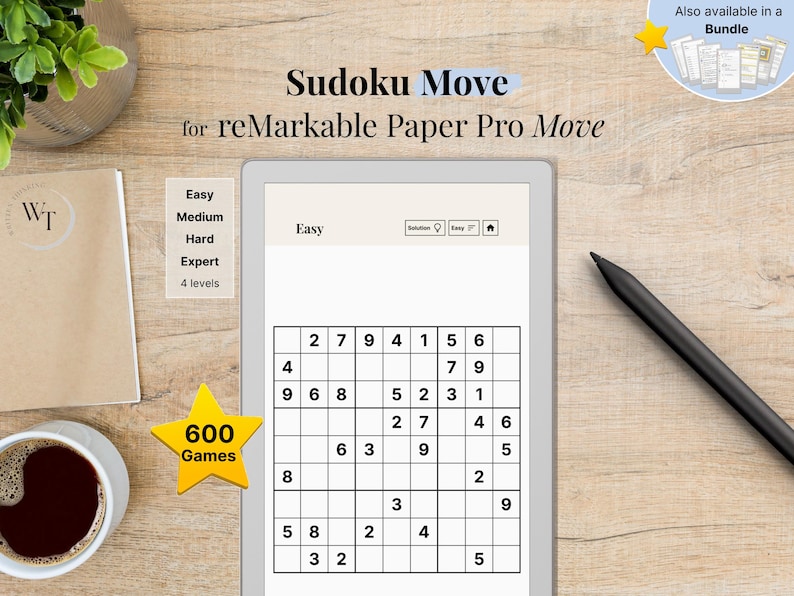Sudoku Move for reMarkable Paper Pro Move, 600 Puzzles + Solutions on the Go, Puzzle Book, Mind Game, fully hyperlinked image 1