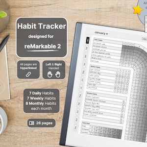 Habit Tracker for reMarkable 2, grey-scaled, Daily weekly monthly habits, 12 months overview and notes, Hyperlinked, Left-Right Handed