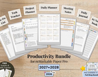 Templates for reMarkable Paper Pro, 2026, 2027, 2028, Planner, Journal, Meeting, Project, Notebook, To-Do, Task Tracker, Productivity Bundle