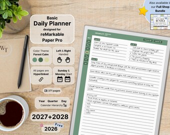 Basic Daily Planner for reMarkable Paper Pro, 2026, 2027, 2028, Green, Daily Calendar & Notebook, Sunday-Monday, Left-Right, Hyperlinked