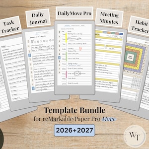 Template Bundle for reMarkable Paper Pro Move, 9 Templates, 2026, 2027, Daily Planner, Journal, Meetings, Habits, 3 Notebooks, To-Do & Task