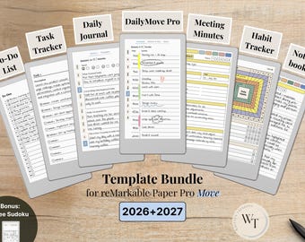 Template Bundle for reMarkable Paper Pro Move, 2026, 2027, Daily Planner, Journal, Meetings, Habit Tracker, 3 Notebooks, To-Do & Task