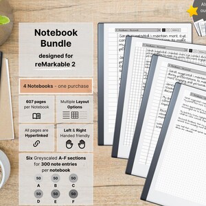 Set of 4 Notebooks for reMarkable 2, 607 pages per Notebook, lined and wide lined with margin, dotted, squared, hyperlinked