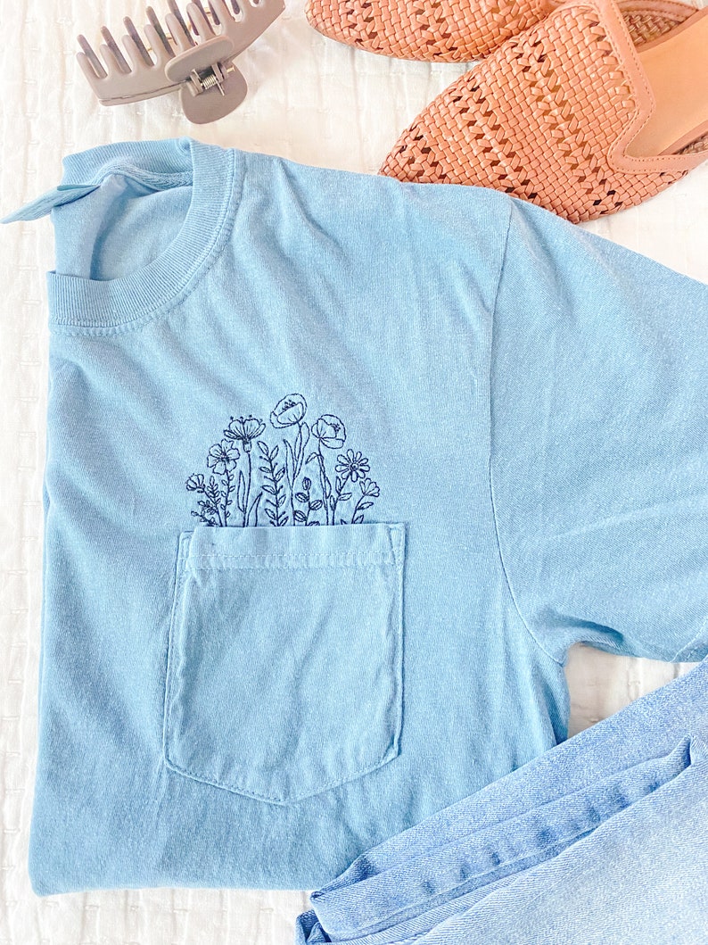 Comfort Colors Embroidered Pocket T-shirt Ice Blue