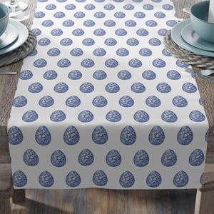 Chinoiserie Egg Easter Runner Spring Blue White Floral Table Botanical Tablescape Farmhouse Decor Classic Elegant Flower Runner Housewarming