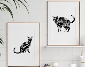 Set of 2 Black Cat Chinoiserie Halloween Gallery Wall Home Decor Digital Download Printable Wall Art Art Prints Black Cat Gothic Digital Art