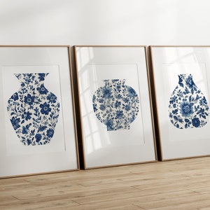 Conjunto de 3 impresiones de arte de pared chinoiserie en azul y blanco, decoración del hogar, descarga digital, arte de pared imprimible, panel chinoiserie, arte de cocina, jarrón con estampado azul