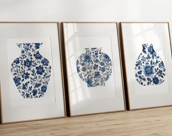 Set of 3 Chinoiserie Wall Art Prints Blue White Home Decor Digital Download Printable Wall Art Chinoiserie Panel Kitchen Art Blue Print Vase