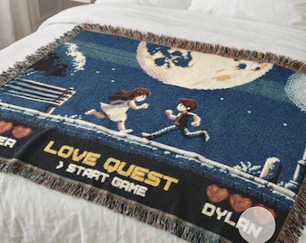 Personalized Retro Gamer Couple Woven Blanket - Nostalgic Video Game Quest