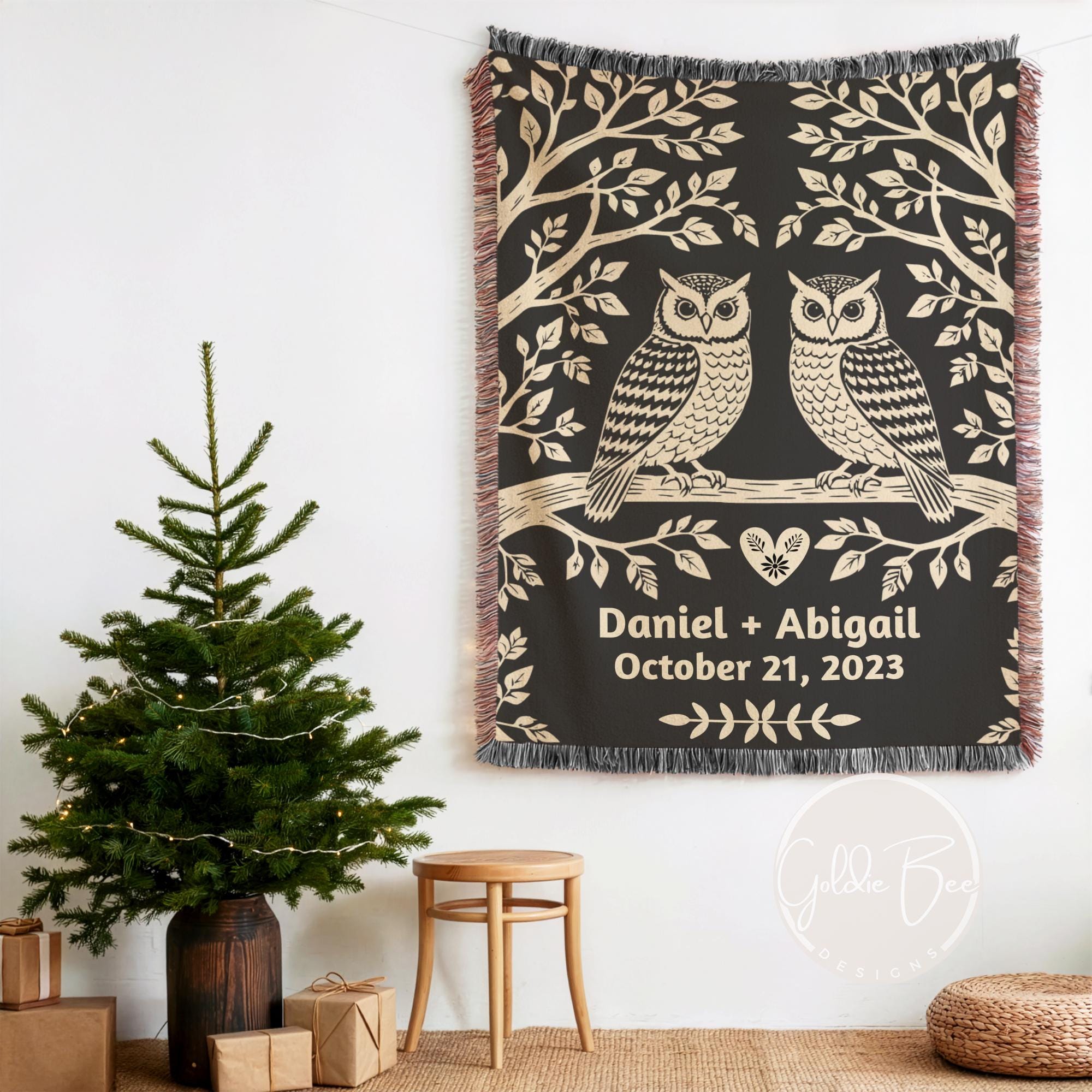 Personalized Lovebirds Woven Blanket: Owl Couple Names & Date Throw
