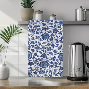 Porcelain Blue Chinoiserie Flower Print Tea Towel Housewarming Hostess Grandma Gift Kitchen Home Decor Blue Flower Dish Towel Poly Cotton