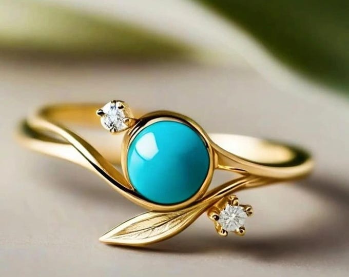 Turquoise Leaf Ring 14k Gold Dainty Nature Inspired Boho Gemstone Ring December Birthstone Gift for Her Unique Handmade Ring