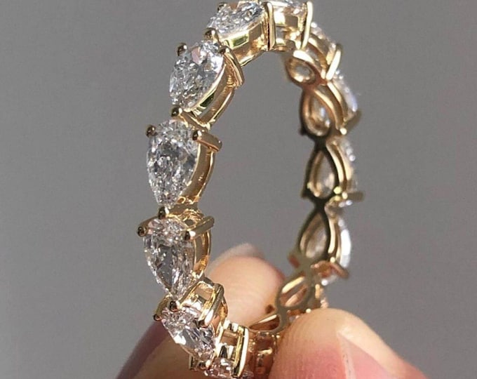 East West Pear Cut Moissanite Engagement Band 14k Solid Gold Ring Full Eternity Promise Band For Her Unique Wedding Band Anniversary Gift
