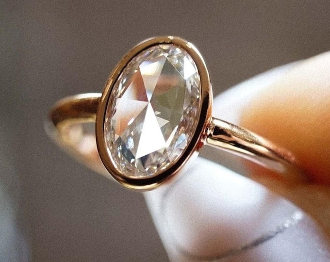 3CT Oval Rose Cut Bezel Moissanite Engagement Ring Dainty Bezel Set Ring Solitaire Ring 14K Solid Gold Ring Anniversary Gift For Women
