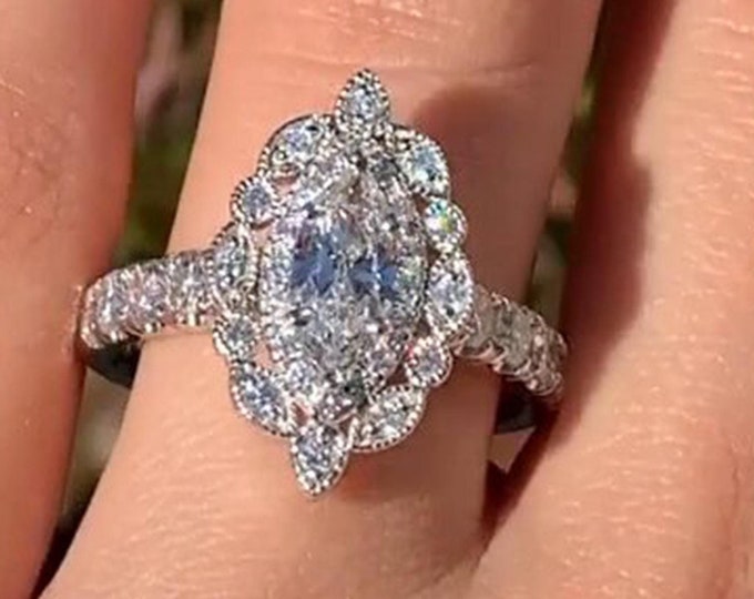 Marquise Moissanite Engagement Ring Halo Wedding Ring Handmade Ring for Women Anniversary Gift Marquise Cut Ring Milgrain Set Ring