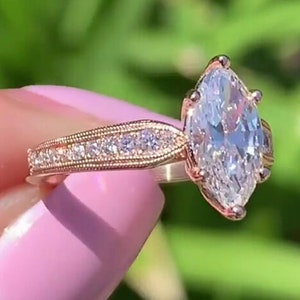 Vintage Marquise Cut Moissanite Engagement Ring Cathedral Set 14K Rose Gold Wedding Ring Vintage Ring Gift For Love rings
